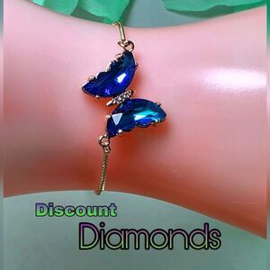 Blue Crystal Butterfly Bracelet Adjustable Fit 14K Gold Plating